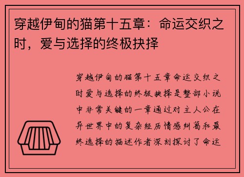 穿越伊甸的猫第十五章：命运交织之时，爱与选择的终极抉择